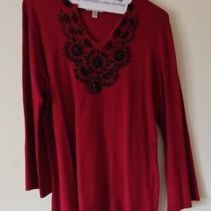 Dressbarn Elegant Red Long Sleeve Top with Black Beading